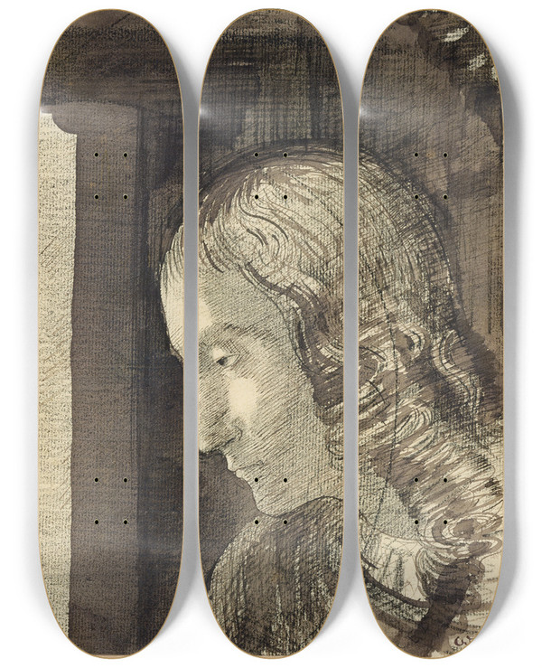 Triptych art skateboard deck of Odilon Redon Head To The Left by Odilon Redon (1840-1916)