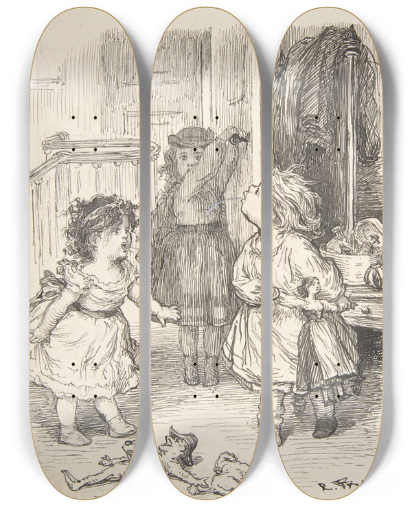 Triptych art skateboard deck of Lorenz Frlich Three Little Girls In A Room Arguing And Spitting by Lorenz Frolich (1820-1908)