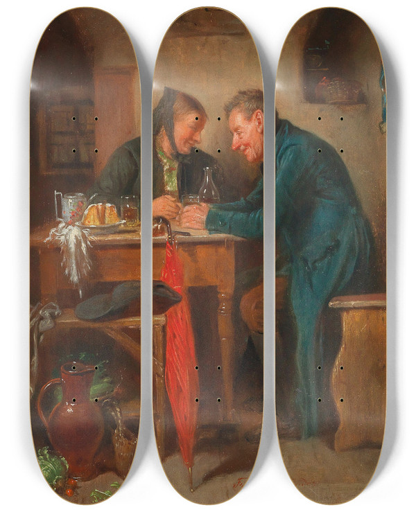 Triptych art skateboard deck of Friedrich Friedlnder The Red Umbrella by Friedrich Friedlander (1825-1901)