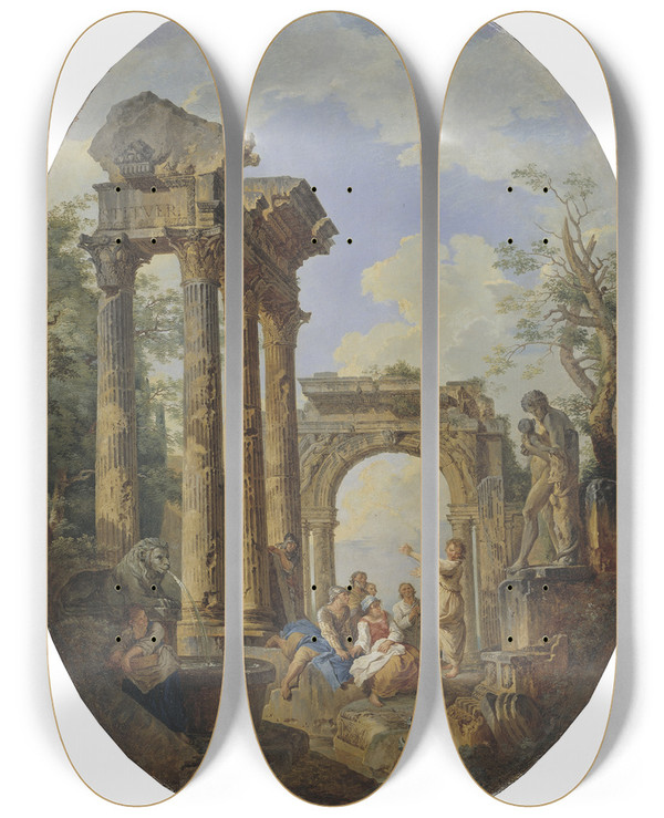 Triptych art skateboard deck of Giovanni Paolo Panini Roman Ruins_1 by Giovanni Paolo Panini (1691-1765)