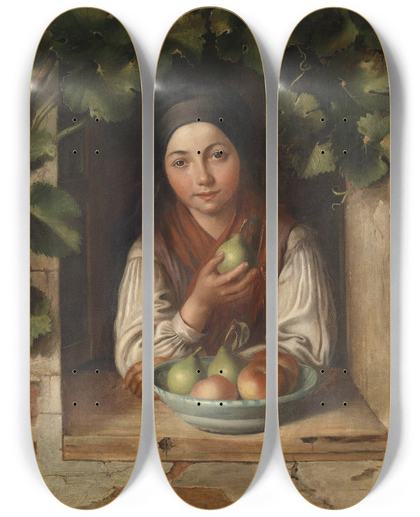Triptych art skateboard deck of Alois Eiss Mdchen Am Weinumrankten Fenster by Alois Eiss (1874)