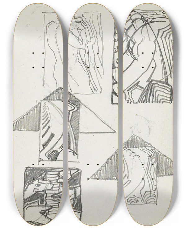 Triptych art skateboard deck of Reijer Stolk Studieblad Onder Andere Met Figuren En Dierenkoppen by Reijer Stolk (1896-1945)
