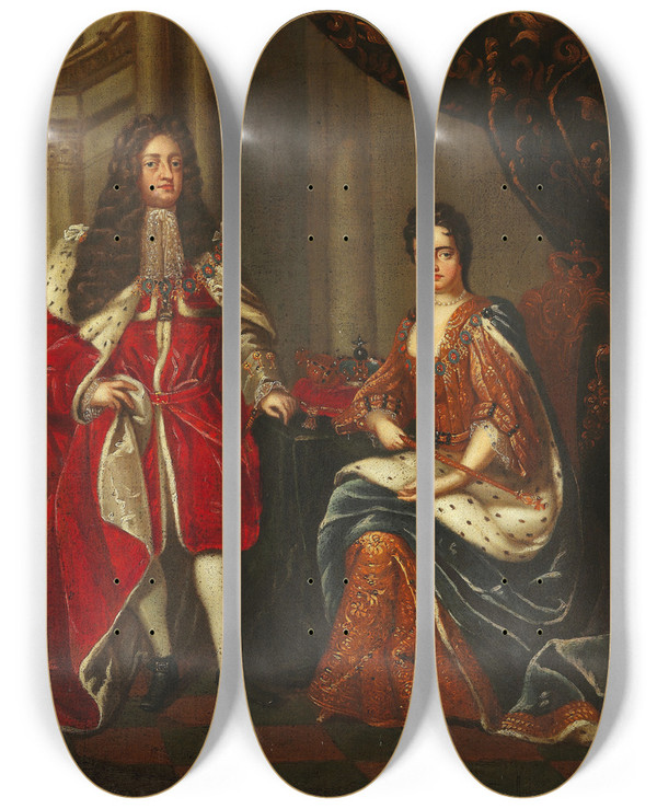 Triptych art skateboard deck of Charles Boit After Portrait Of Queen Anne Of England And George Prince Of Denmark by Charles Boit After (1662-1727)