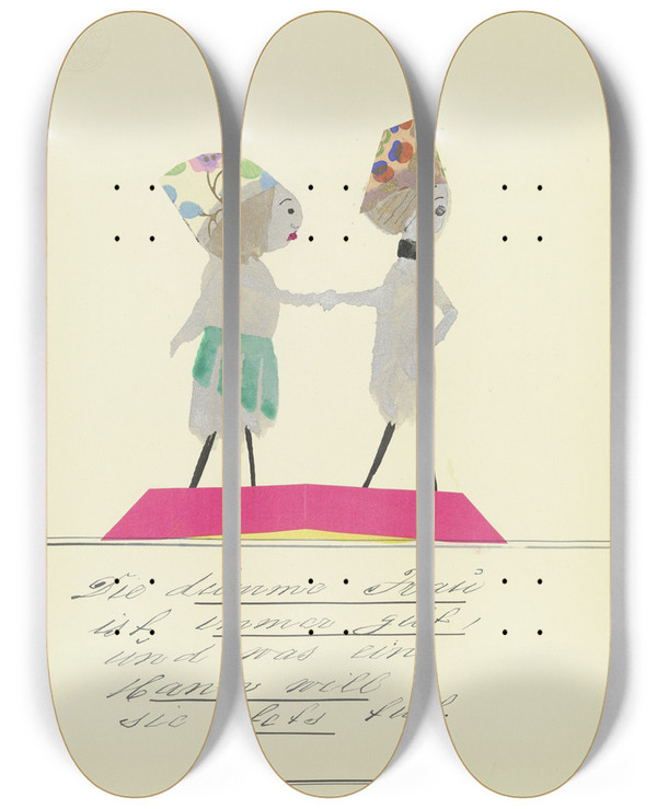 Triptych art skateboard deck of John Elsas Die Dumme Frau Ist Immer Gut by John Elsas (1851-1935)