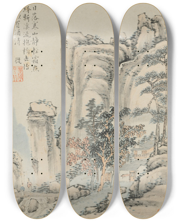 Triptych art skateboard deck of Xiao Yuncong Album Of Seasonal Landscapes Leaf E Previous Leaf 3 by Xiao Yuncong (1596-1673)