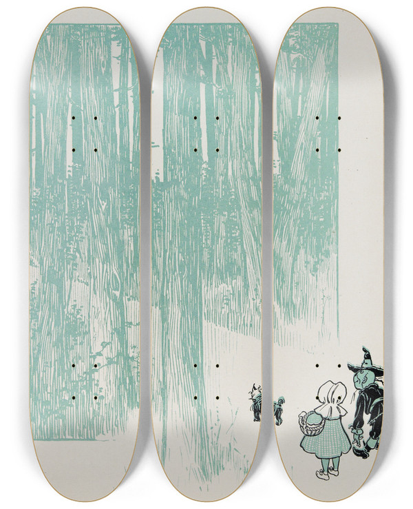 Triptych art skateboard deck of William Wallace Denslow The Cowardly by William Wallace Denslow (1856-1915)