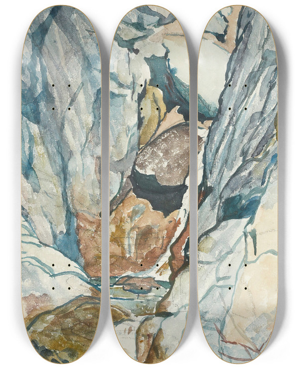 Triptych art skateboard deck of Giovanni Giacometti Mountain Gorge With Waterfall by Giovanni Giacometti (1868-1933)