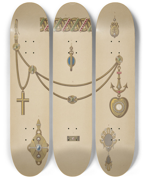 Triptych art skateboard deck of Martin Gerlach Seven Designs For Jewelry Including Heartshaped Pendant Watch On Gold Anchor With Gold Chain And Cross by Martin Gerlach (1846-1918)