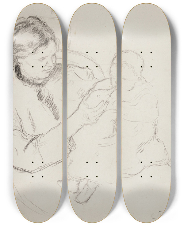 Triptych art skateboard deck of Camille Pissarro Mre Et Enfant by Camille Pissarro (1830-1903)