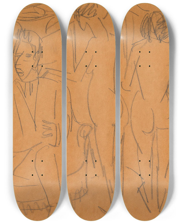 Triptych art skateboard deck of Ernst Ludwig Kirchner Mann Und Zwei Akte Im Atelier by Ernst Ludwig Kirchner (1880-1938)