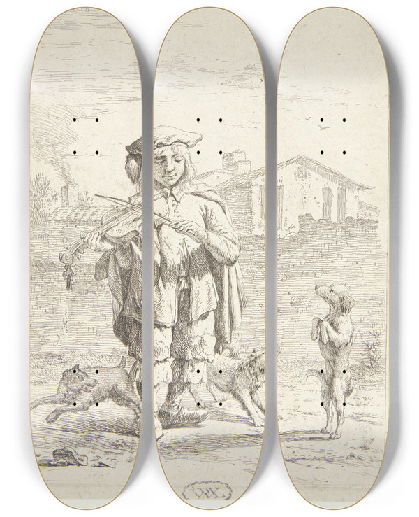 Triptych art skateboard deck of Karel Dujardin Fiolspiller Med Tre Hunde Savoyarden by Karel Dujardin (1622-1678)