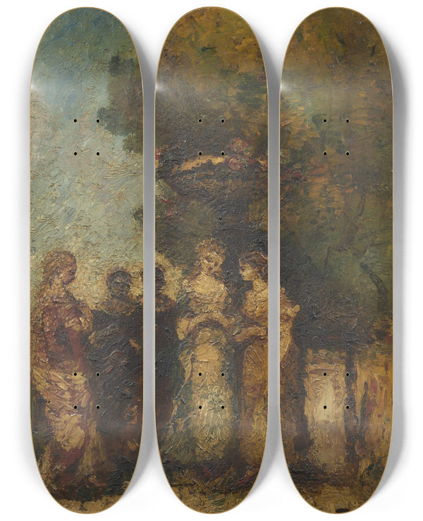 Triptych art skateboard deck of Adolphe Monticelli Cinq Jeunes Femmes Dans Un Jardin Devant Une Fontaine by Adolphe Monticelli (1824-1886)