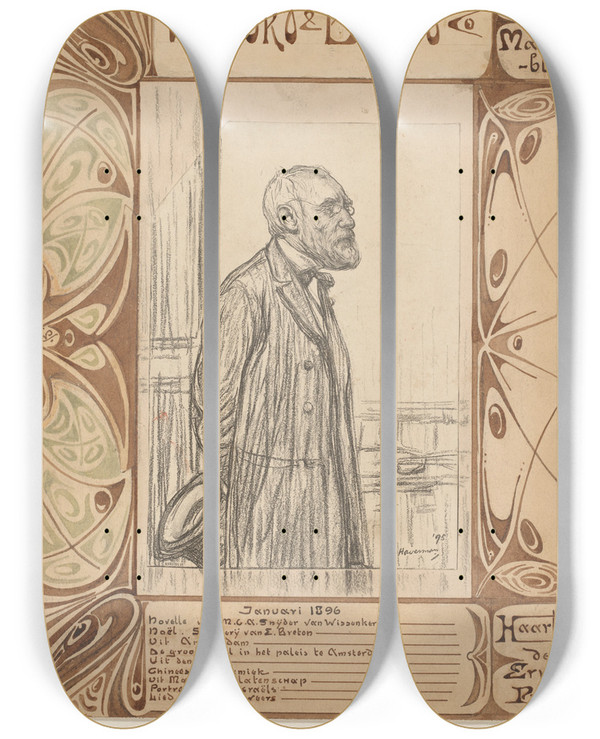 Triptych art skateboard deck of Reinier Willem Petrus De Vries Woord En Beeld Gellustreerd Maandblad_1 by Reinier Willem Petrus De Vries (1874-1952)