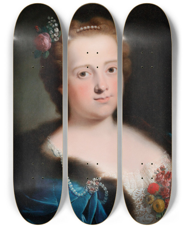 Triptych art skateboard deck of Bartolomeo Nazari Portrait Of A Lady Bust Length In A White Embroidered Dress And Blue Furlined Cape by Bartolomeo Nazari (1693-1758)