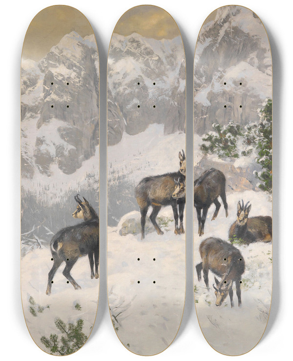 Triptych art skateboard deck of Josef Schmitzberger Gmse Im Winter by Josef Schmitzberger (1851-1930)