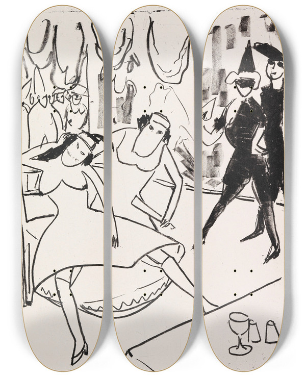 Triptych art skateboard deck of Ernst Ludwig Kirchner Maskenball by Ernst Ludwig Kirchner (1880-1938)