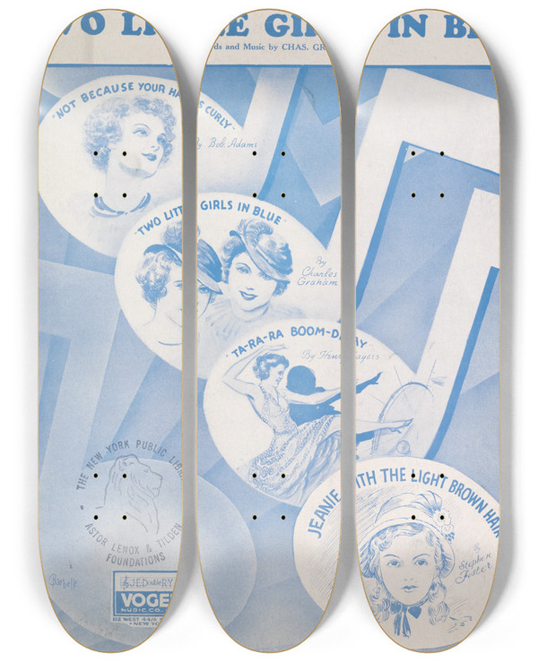 Triptych art skateboard deck of Albert Wilfred Barbelle Two Little Girls In Blue by Albert Wilfred Barbelle (1887-1957)