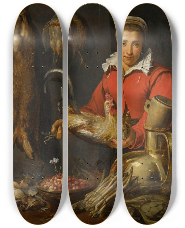 Triptych art skateboard deck of Frans Snyders A Female Merchantholding A Cockerel With Game Asparagus Artichokes Utensils And A Bowl Ofwild Strawberries by Frans Snyders (1579-1657)