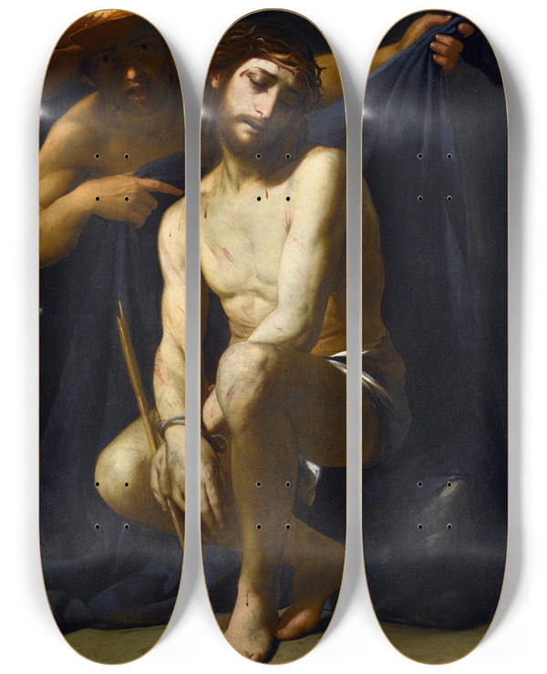 Triptych art skateboard deck of Antonio De Bellis The Mocking Of Christ by Antonio De Bellis (1616-1656)