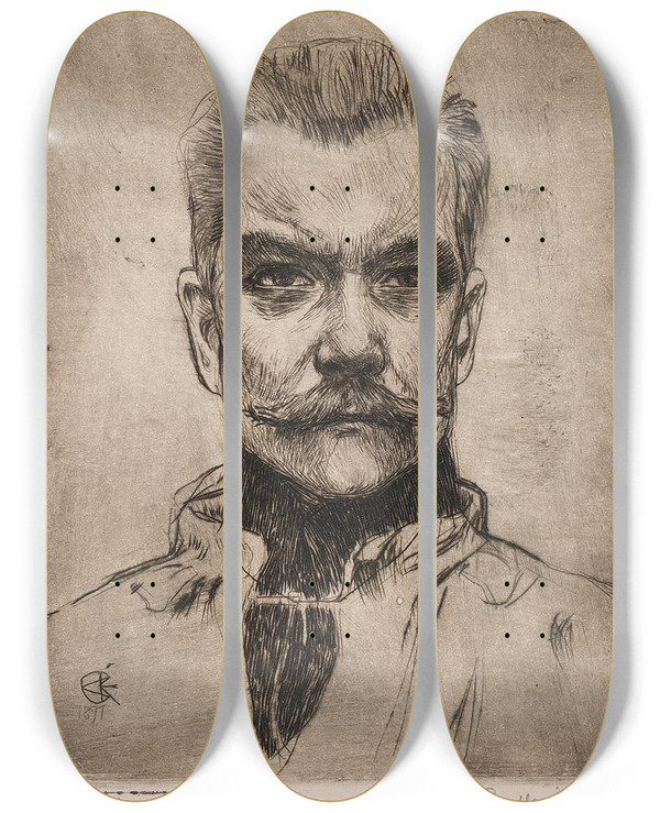 Triptych art skateboard deck of Akseli Gallenkallela Selfportrait En Face by Akseli Gallen Kallela (1865-1931)