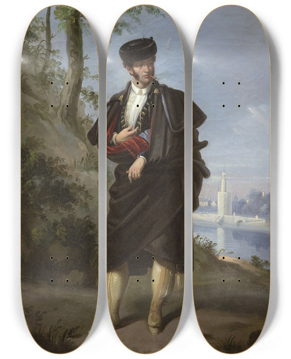 Triptych art skateboard deck of Manuel Cabral Aguado Bejarano Seville Majo by Manuel Cabral Aguado Bejarano (1827-1891)