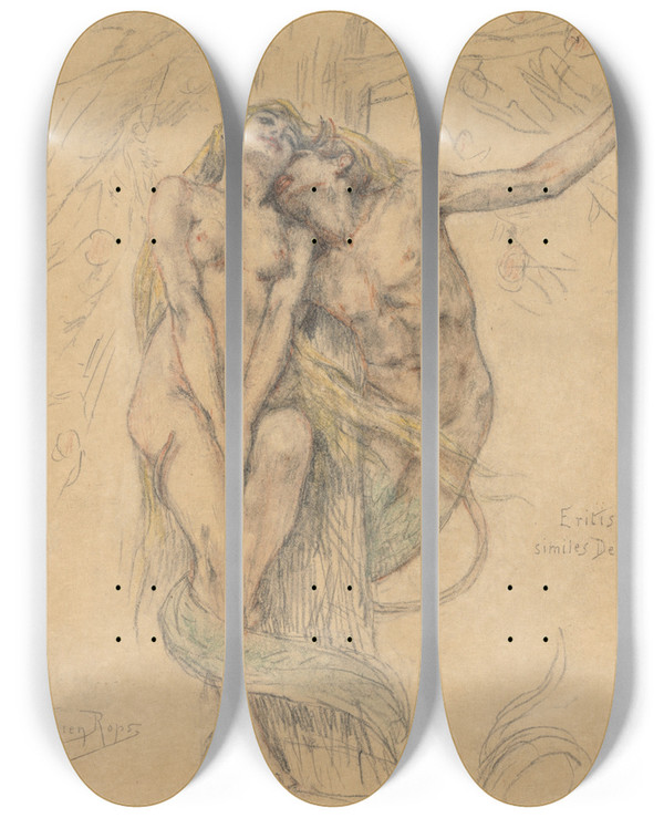 Triptych art skateboard deck of Flicien Rops Eritis Similes Deo by Felicien Rops (1833-1898)