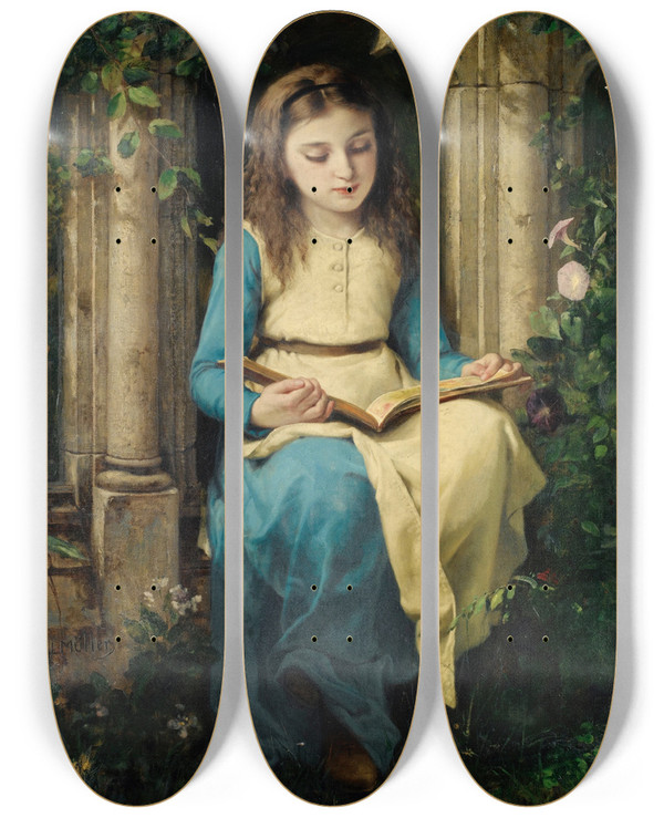 Triptych art skateboard deck of Charles Louis Mller Jeune Fille Lisant by Charles Louis Muller (1815-1892)