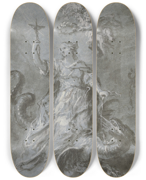 Triptych art skateboard deck of Martin Johann Schmidt Die Heilige Margarethe Auf Dem Drachen Von Zwei Engeln Gekrnt by Martin Johann Schmidt (1718-1801)