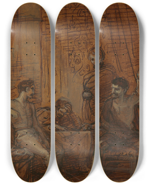 Triptych art skateboard deck of Robert Smirke Hotspur And The Plotters At Bangor by Robert Smirke (1752-1845)
