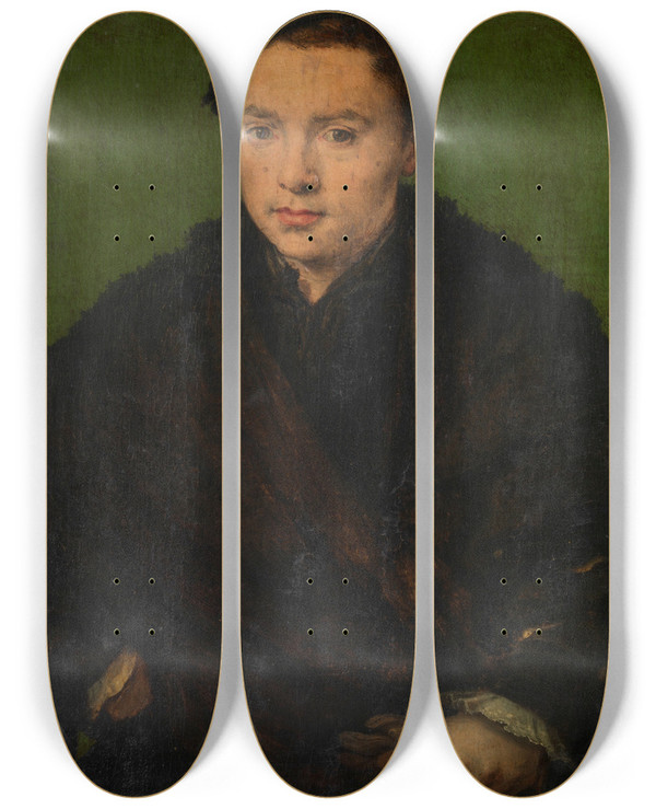 Triptych art skateboard deck of Corneille De Lyon Portrait Of A Man 2 by Corneille de Lyon (1500-1575)