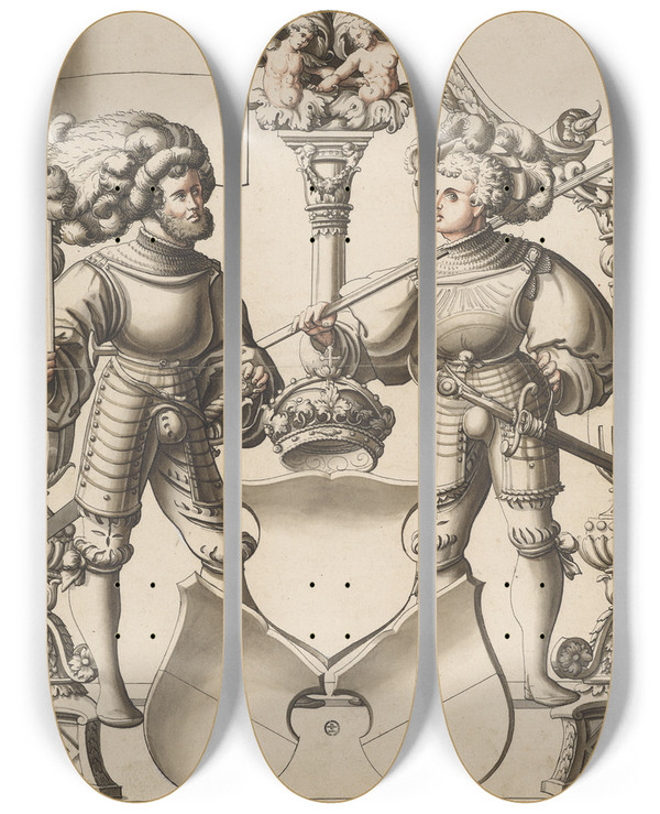 Triptych art skateboard deck of Carl Von Aegeri Scheibenriss Mit Fhnrich Und Halbartier Als Schildbegleiter Und Standeswappen Freiburg Oder Solothurn by Carl Von Aegeri (1510-1562)