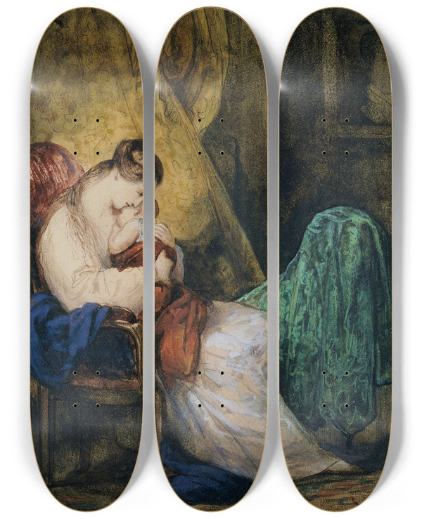 Triptych art skateboard deck of Ary Scheffer Mother And Child by Ary Scheffer (1795-1858)