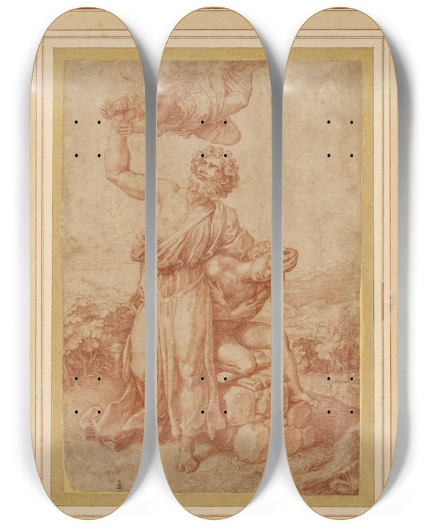 Triptych art skateboard deck of Giulio Romano The Sacrifice Of Isaac by Giulio Romano (1492-1546)