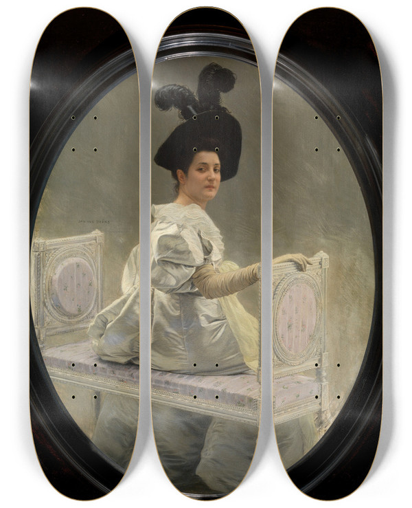Triptych art skateboard deck of Jan Van Beers Woman In White by Jan Van Beers (1852-1927)