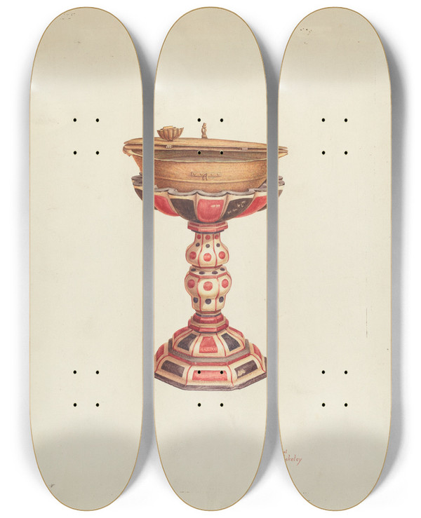 Triptych art skateboard deck of Hal Blakeley Baptismal Font And Stand by Hal Blakeley