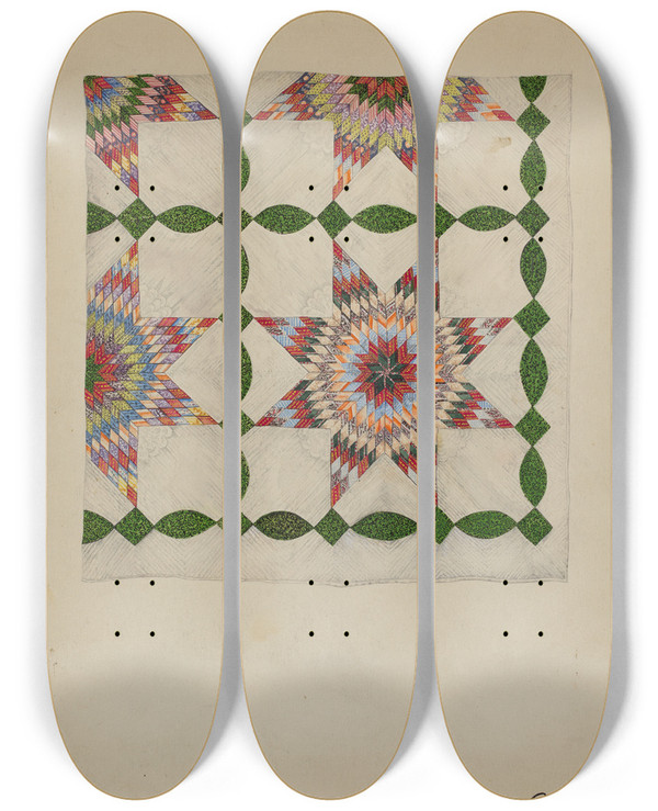 Triptych art skateboard deck of Gladys Phillips Patchwork Quilt by Gladys Phillips