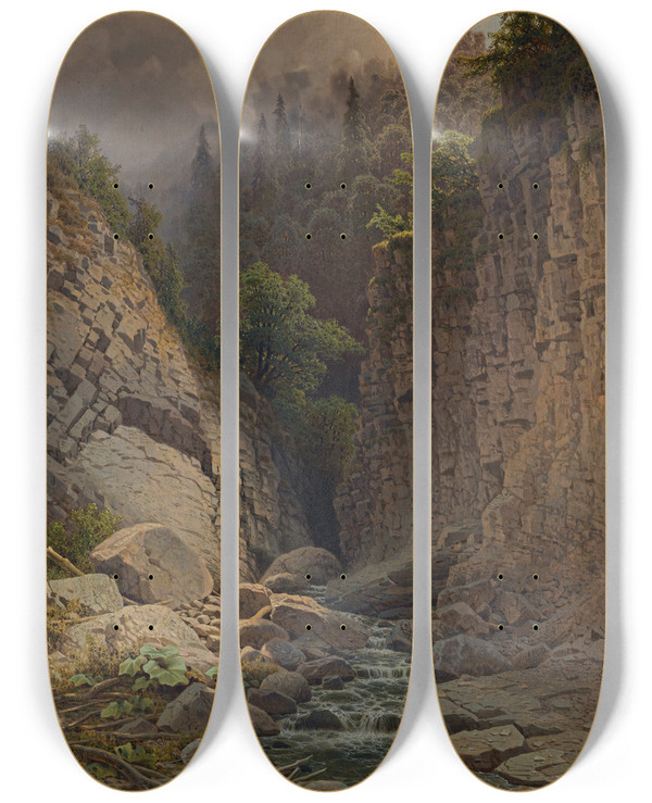 Triptych art skateboard deck of Ilya Nikolaevich Zankovsky The Ravine by Ilya Nikolaevich Zankovsky (1832-1919)