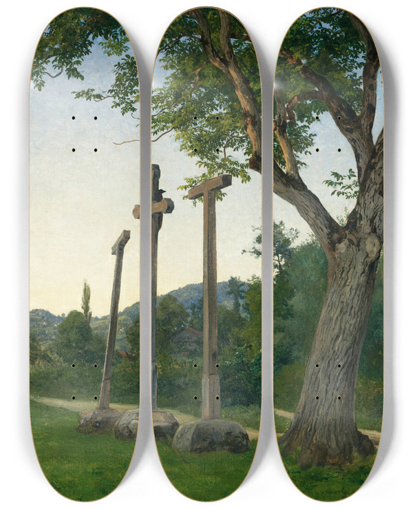 Triptych art skateboard deck of Robert Znd Three Crosses Along A Country Lane by Robert Zund (1827-1909)