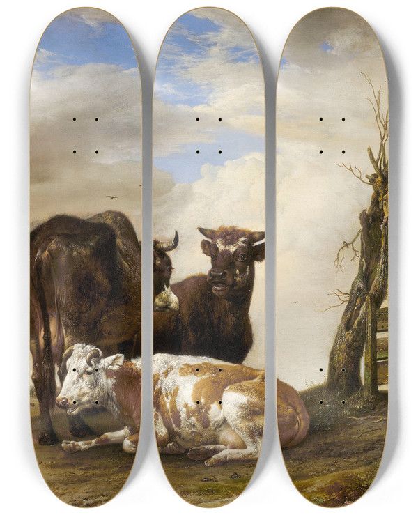 Triptych art skateboard deck of Paulus Potter Two Cows And A Young Bull Beside A Fence In A Meadow by Paulus Potter (1625-1654)