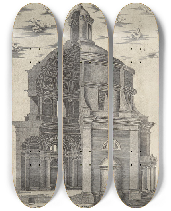 Triptych art skateboard deck of Jacobus Bos Templum Neptuni Propre Puteolanum Urbem by Jacobus Bos (1520-1580)