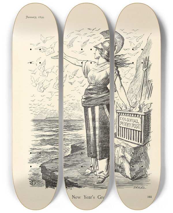 Triptych art skateboard deck of Sir John Tenniel A New Years Greeting by Sir John Tenniel (1820-1914)
