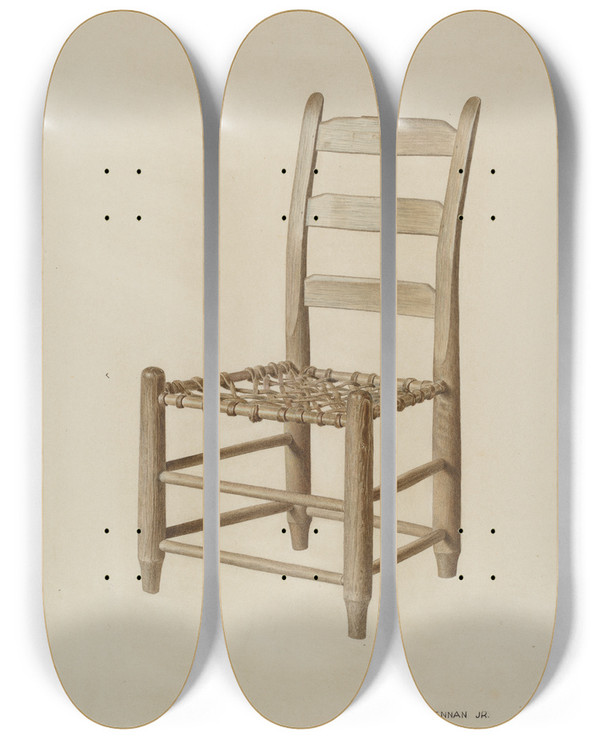 Triptych art skateboard deck of Joe Brennan Braided Rawhidebottomed Chair by Joe Brennan