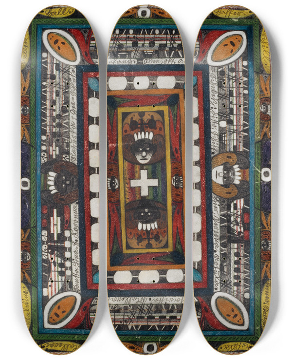 Triptych art skateboard deck of Adolf Wlfli Die Geschftsverkehr Handels Und Industriereiche Insel Korfu Im Baltischen Meer by Adolf Wolfli (1864-1930)