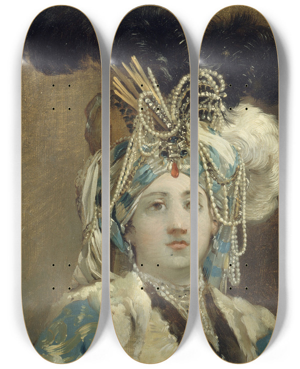 Triptych art skateboard deck of Josephmarie Vien Sultane Reine by Joseph Marie Vien (1716-1809)