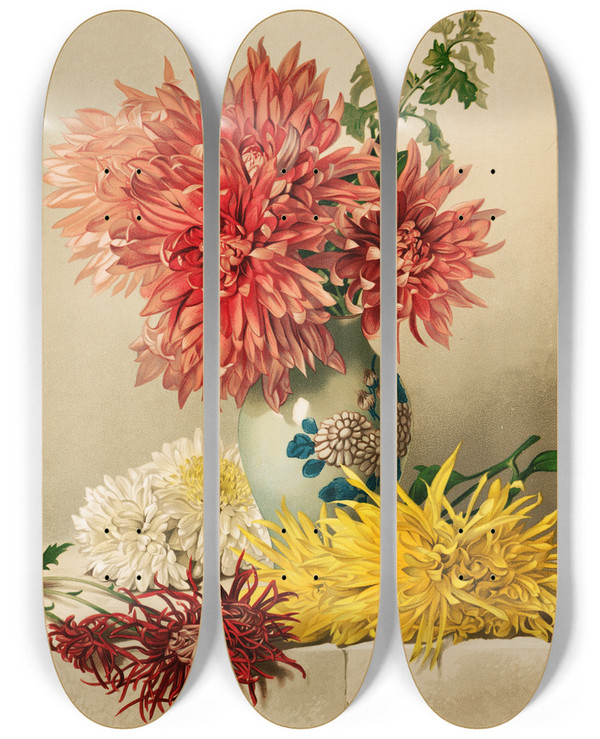 Triptych art skateboard deck of William Duffield Chrysanthemums by William Duffield (1816-1863)