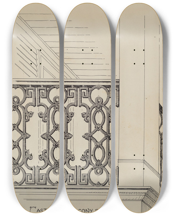 Triptych art skateboard deck of Thomas Byrne Cast Iron Balcony Railing by Thomas Byrne