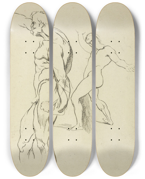 Triptych art skateboard deck of Peter Paul Rubens Two Figures Extending Right Arms by Peter Paul Rubens (1577-1640)