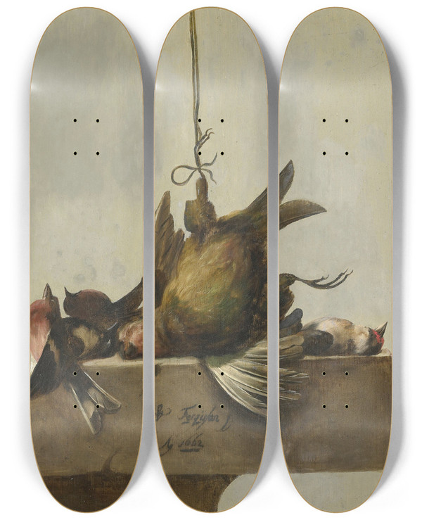 Triptych art skateboard deck of William Gouw Ferguson Still Life With Birds by William Gouw Ferguson