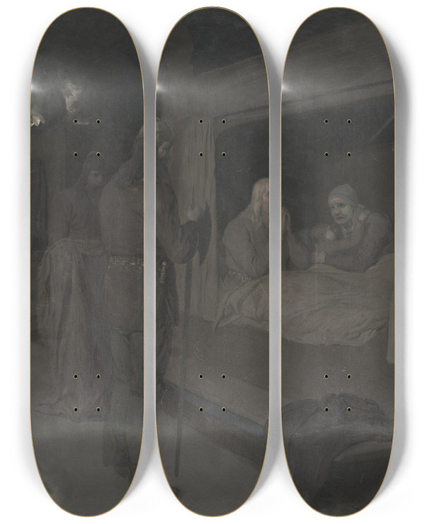 Triptych art skateboard deck of August Malmstrm Njal Bergthora And Thord Karisson Decide To Be Burned Alive by August Malmstrom (1829-1901)