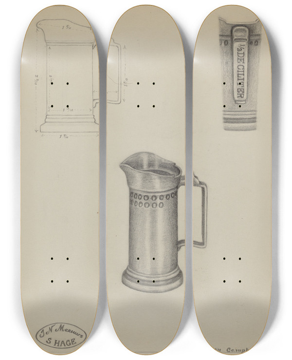 Triptych art skateboard deck of Rollington Campbell Pewter Pitcher by Rollington Campbell